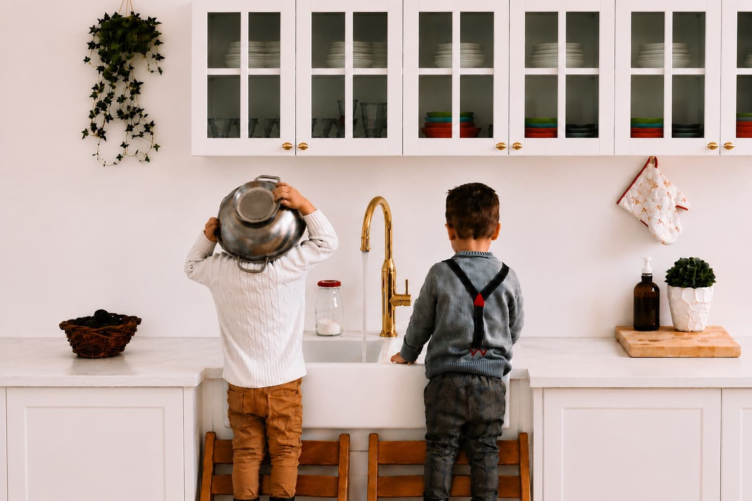 Two children playing at a kitchen sink with clean water