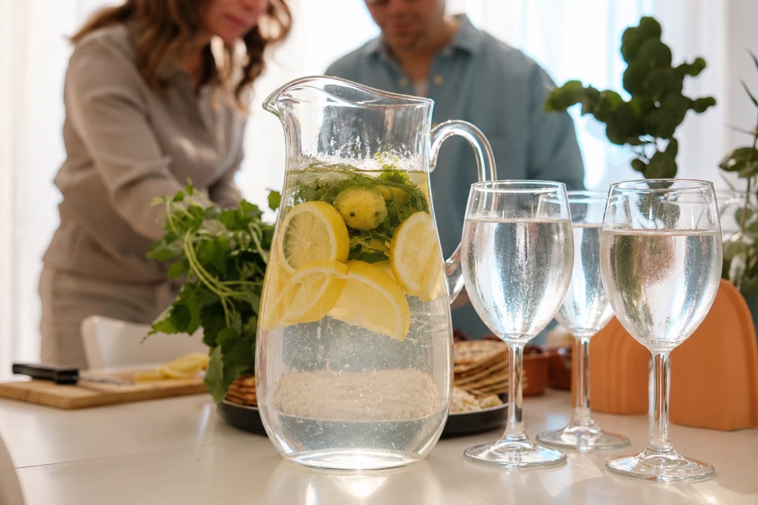 A pitcher of clean, lemon-infused water and glasses set out for family and friends